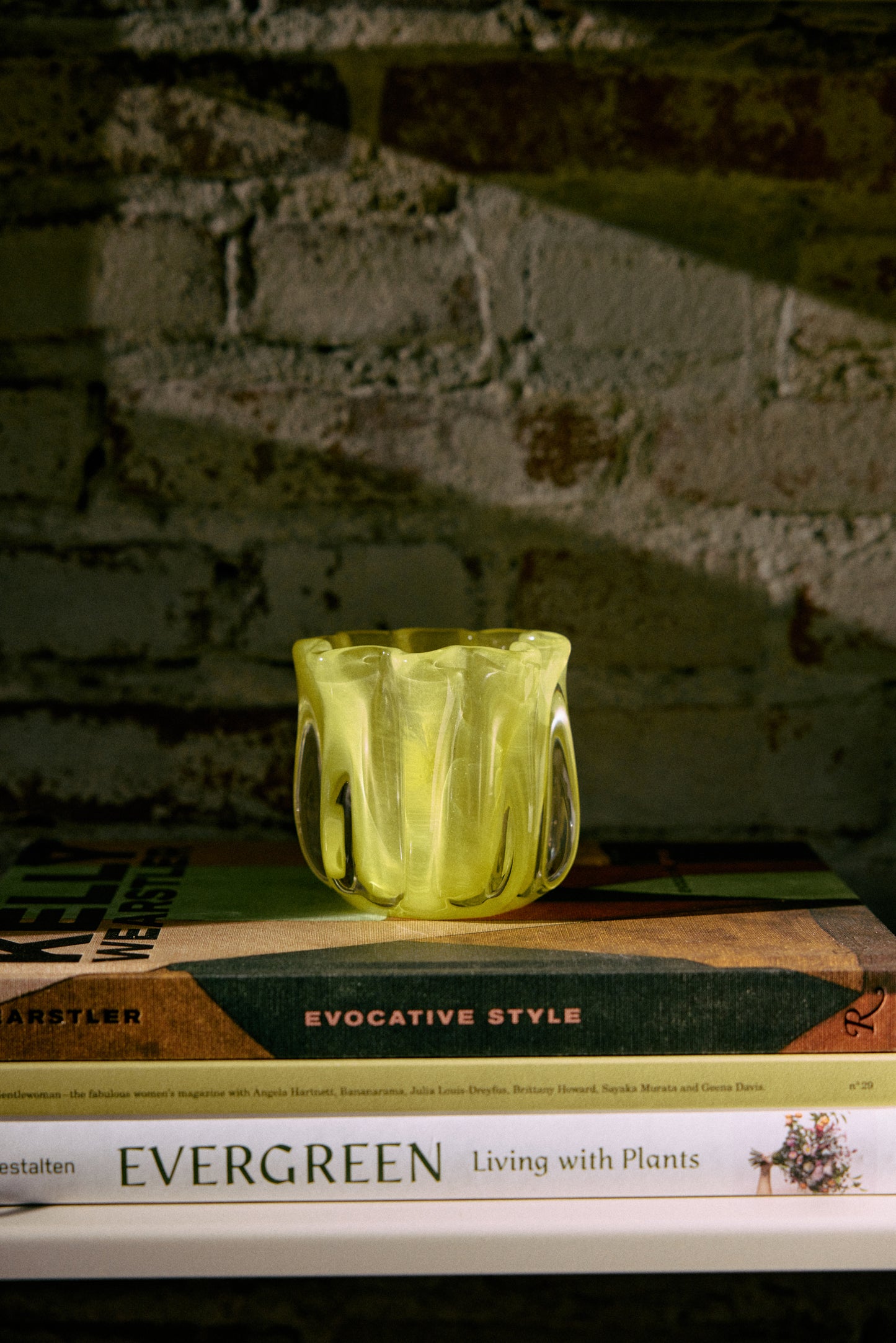 HKliving Coralla glass tealight holder - yellow lime, tealight holder for living room