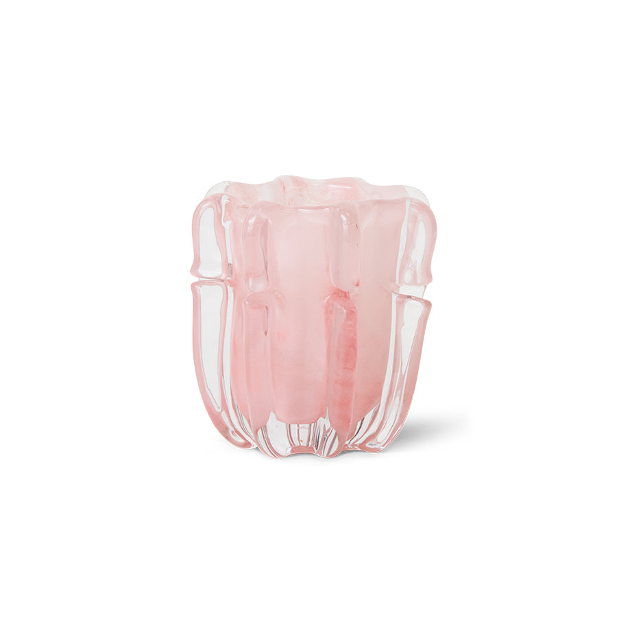 Świecznik szklany HKliving Coralla – różowy, rzeźbiarski świecznik na tealight do salonu