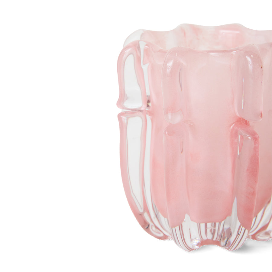 Świecznik szklany HKliving Coralla – różowy, rzeźbiarski świecznik na tealight do salonu